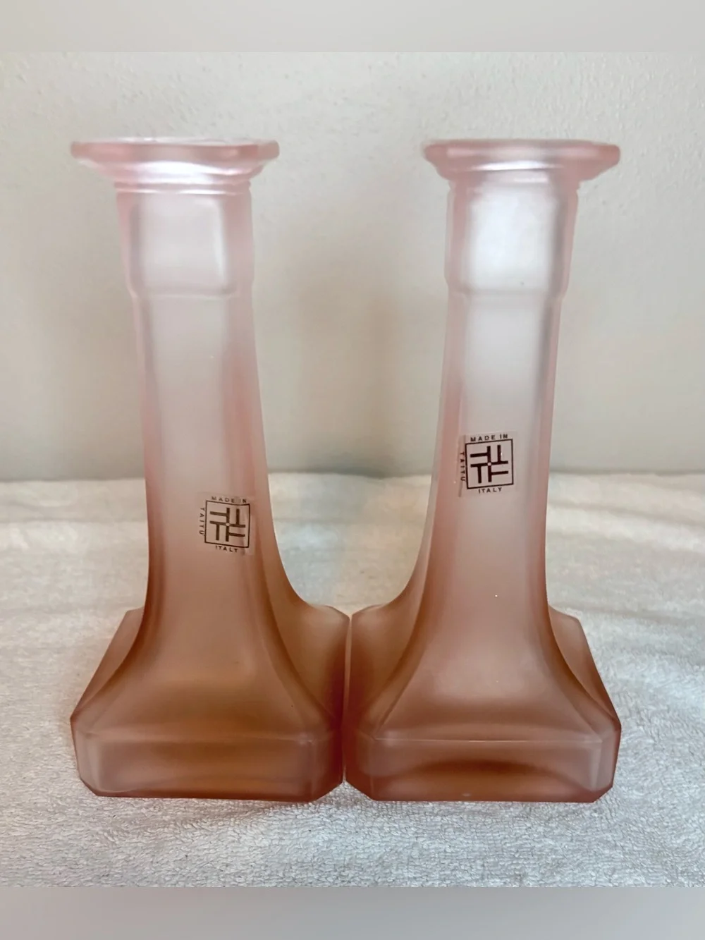 Vintage TAITÙ Italy TTC1 Pink Frosted Glass Candlesticks Pair